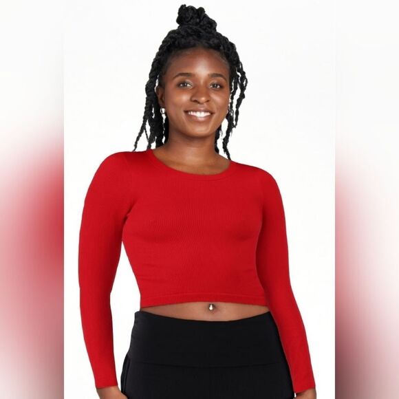 🩵NWT Red Ribbed Fitted Seamless Cropped Long Sleeve Top Large - Picture 1 of 12